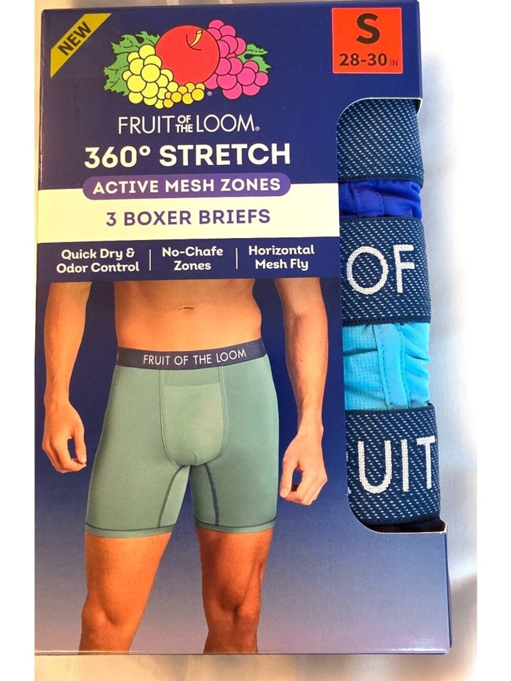 Fruit of the Loom 360 Stretch Boxer Briefs 3 Pack Active Mesh Size S 28-30